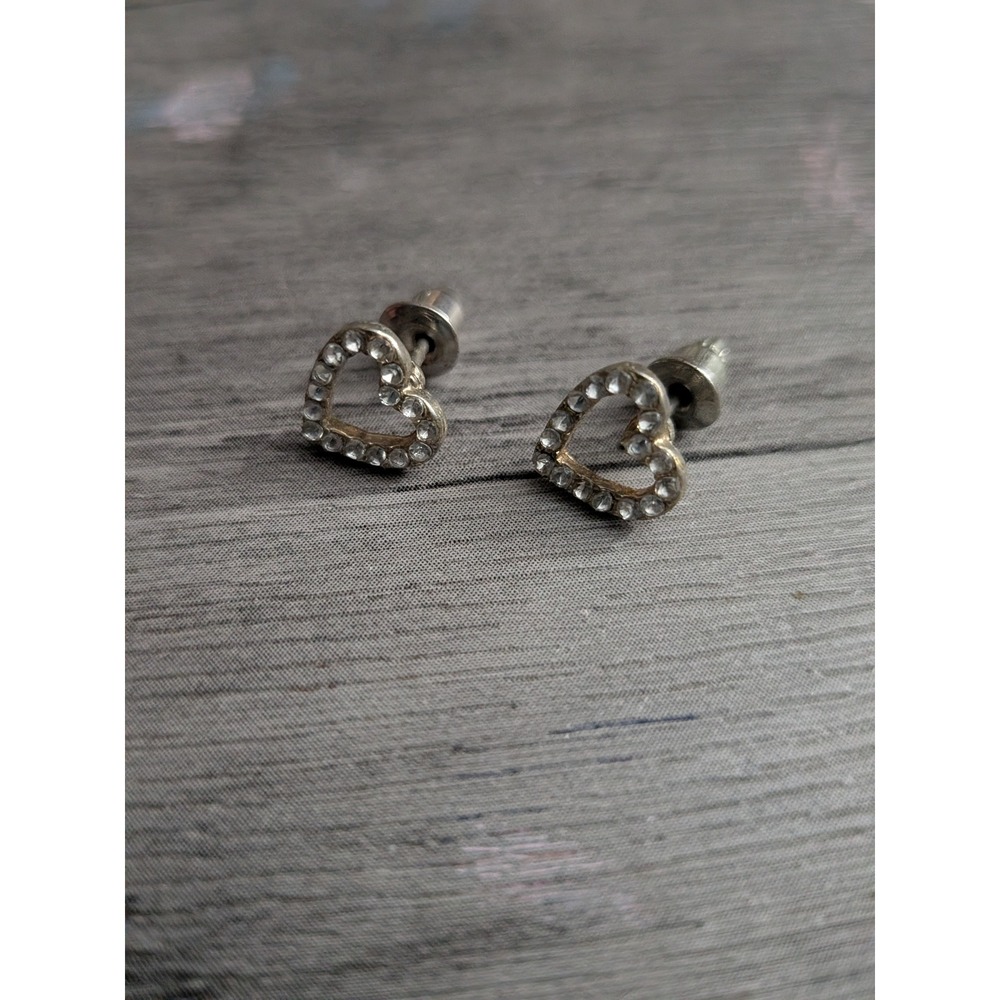 Silver Tone Rhinestone Heart Stud Earrings Clear Crystal Open Heart Jewelry